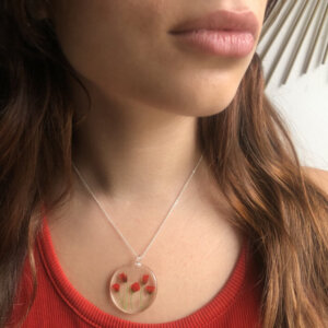 Collier 5 petits coquelicots naturels sur chaîne en argent massif